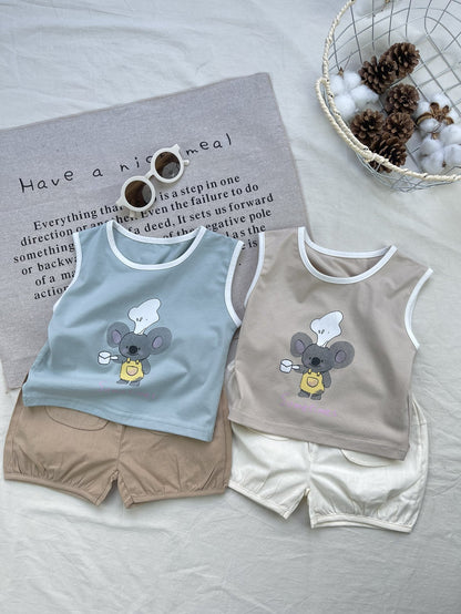 Conjunto de camiseta sin mangas y pantalones cortos con gráfico de Koala Chef | Set de camiseta sin mangas y pantalones cortos de animales【mh0012924】