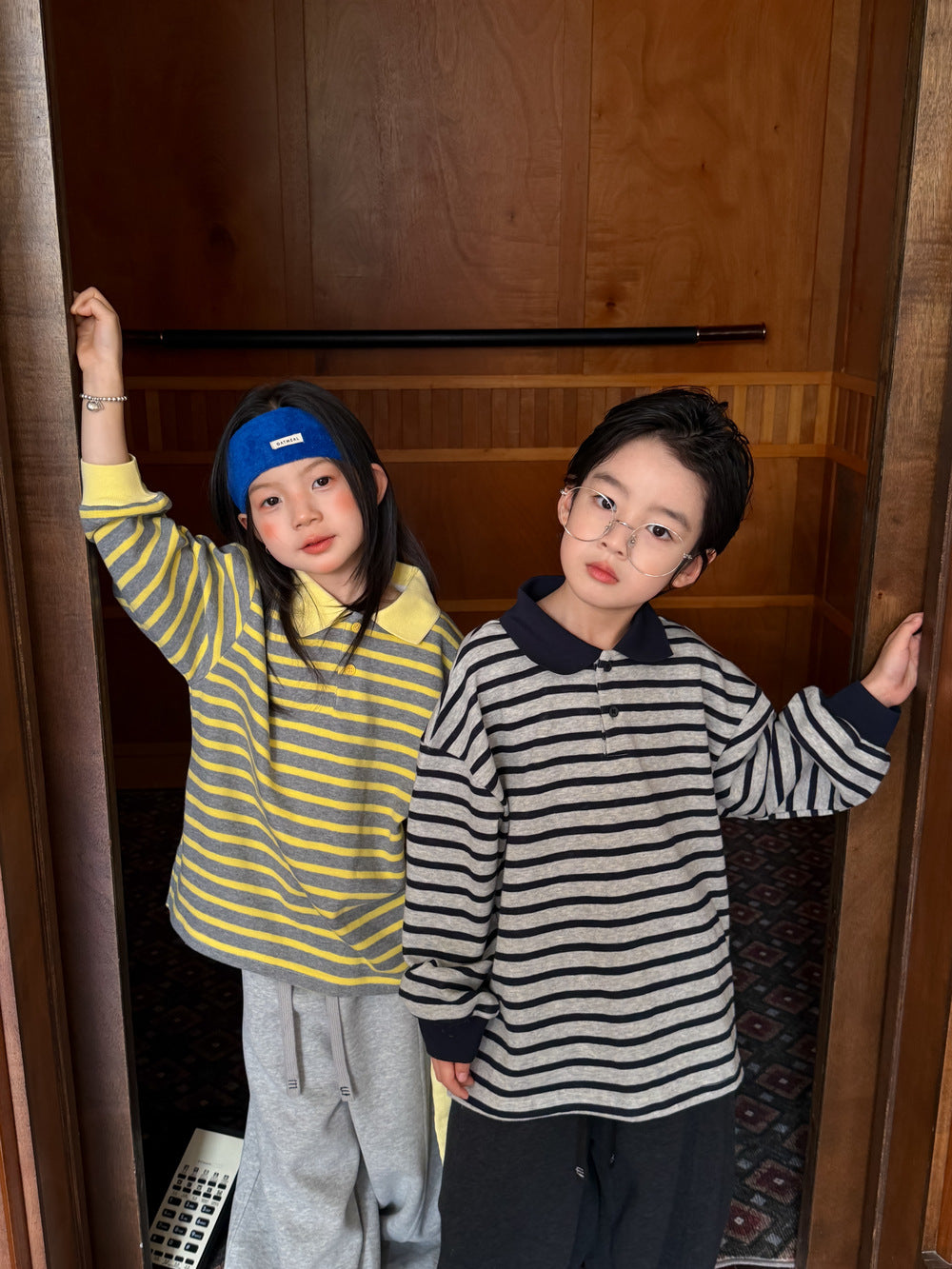 Polo de manga larga suelto con cuello de polo y rayas para niños【mh0013914】