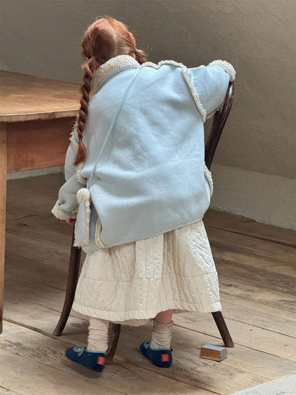 Faux shearling duffle coat with boa, dull blue, mid-length [mh0011751]