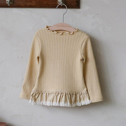 キッズ用長袖リブTシャツ（生成り）背面、裾フリルとレース