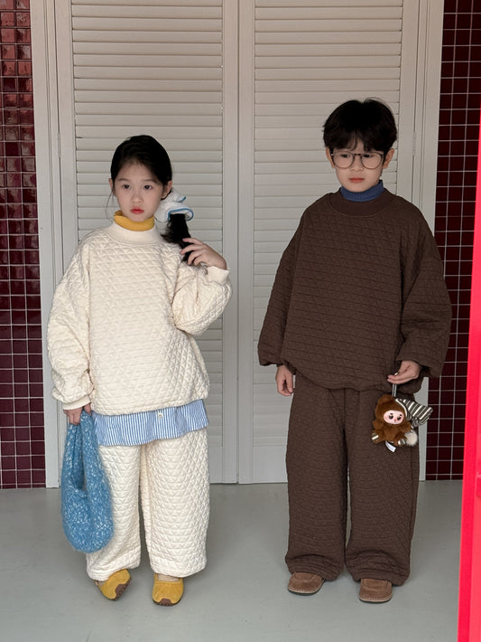 キルティングセットアップ キッズ 中綿 厚手 ダイヤ柄 ルーズフィット【mh0011681】