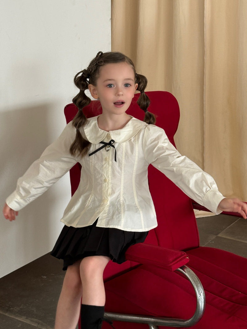 Kids' Peter Pan Collar Long-Sleeve Blouse with Front Ribbon and Pintucks [mh0014070]