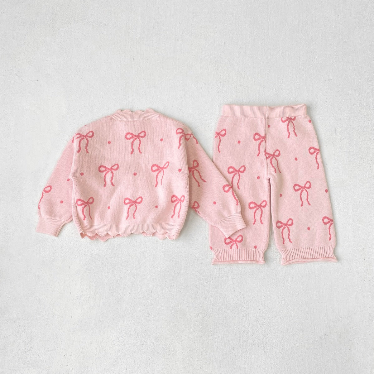 ジャカードニットセットアップ リボン ピンク フリル カーディガン ニットパンツ【mh0011854】