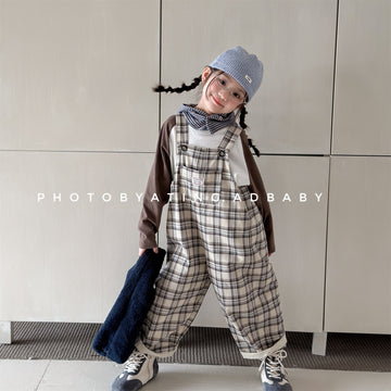 Pantalón con peto para niños de lunares y cuadros con bolsillos【mh0014053】