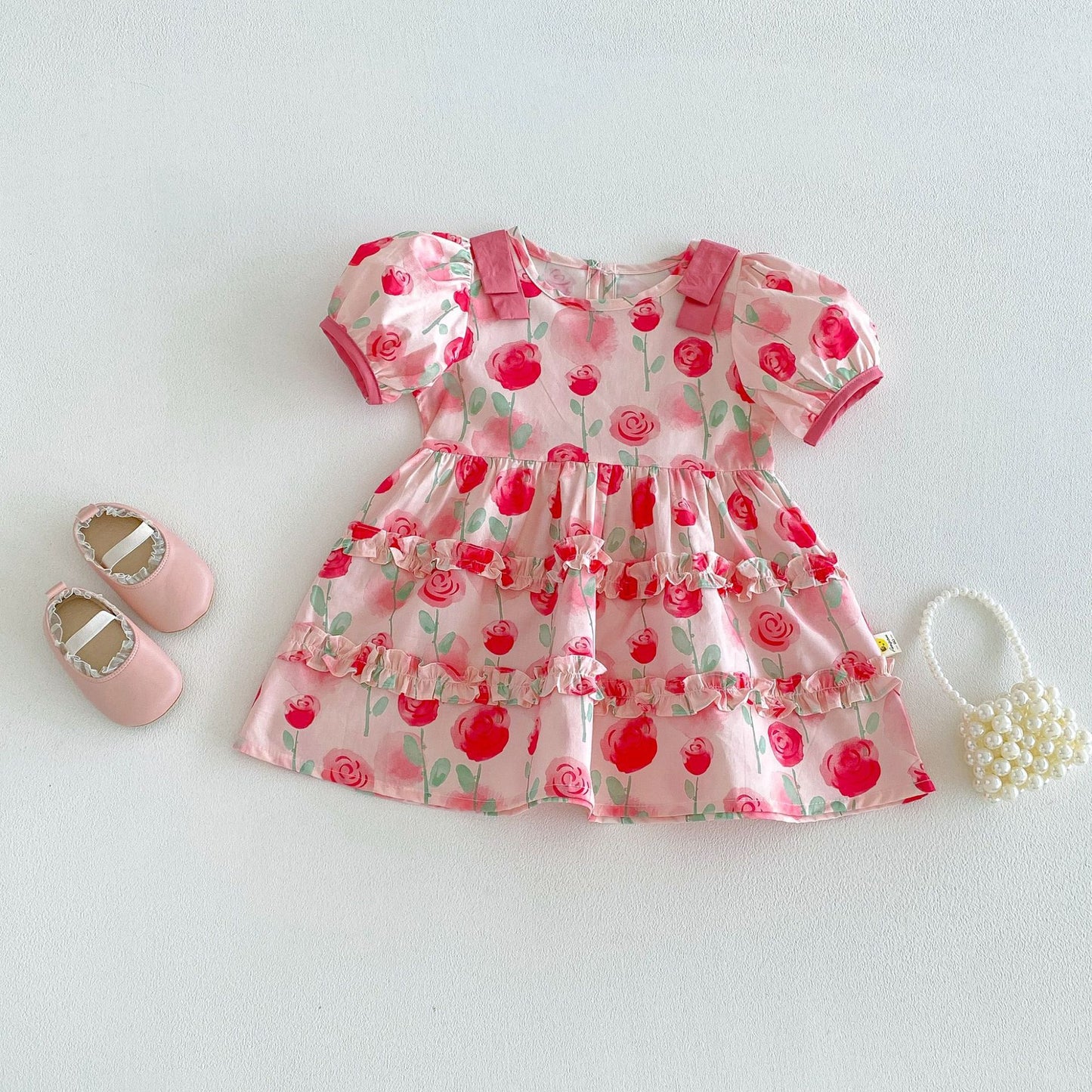 Kids' Floral Print Ribbon Puff-Sleeve Short-Sleeve Dress [mh0013853]