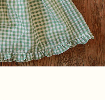 Puff Sleeve Plaid Flower Dress パフスリーブ チェック フラワー ワンピース【mh0001542】