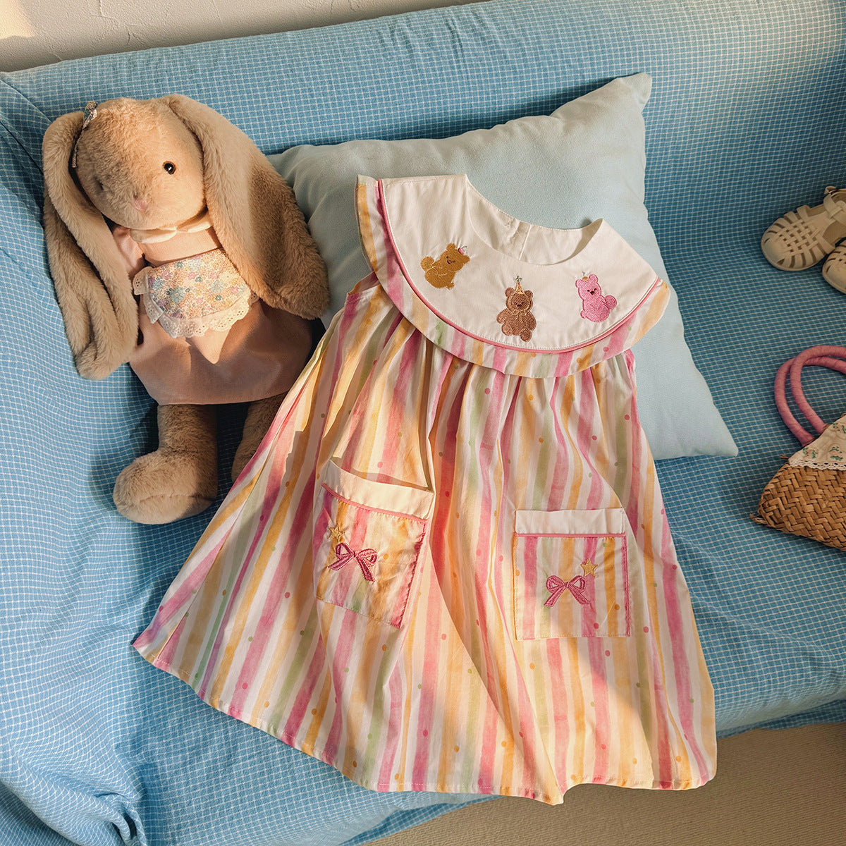 Embroidered Bear Stripe Dress ストライプ ノースリーブワンピース【mh0013652】