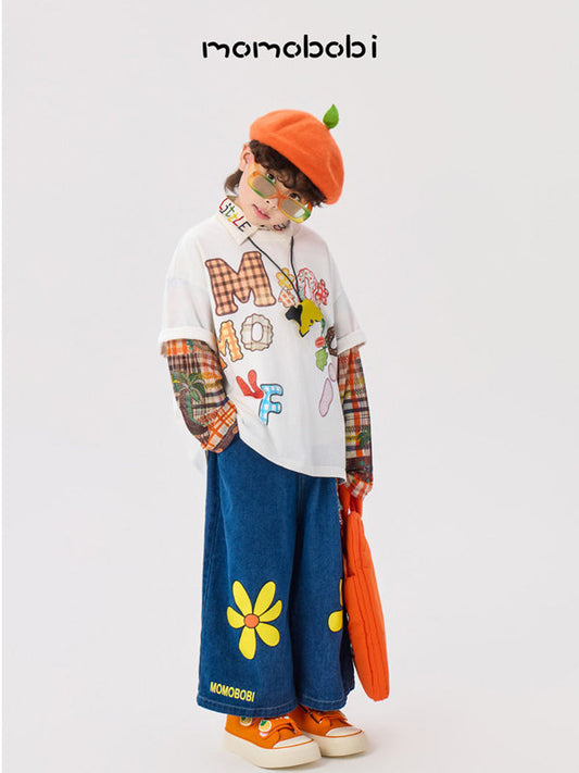Spliced Graphic Tops & Denim レイヤードロゴ 長袖Tシャツ デニムパンツ【mh0012997】