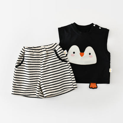 Penguin Applique Sleeveless Set ボーダー ノースリーブTシャツ セット【mh0012846】