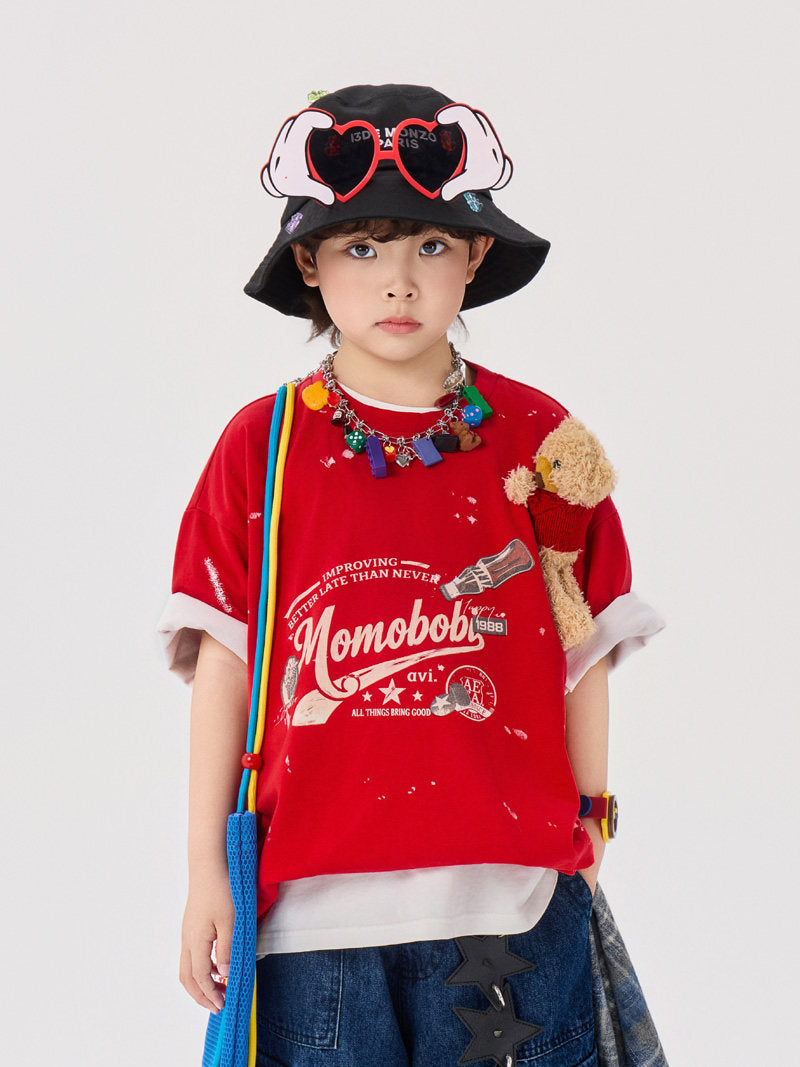 Splashed Bear Mascot Tee & Denim Shorts くま 半袖Tシャツ デニムハーフパンツ【mh0012998】