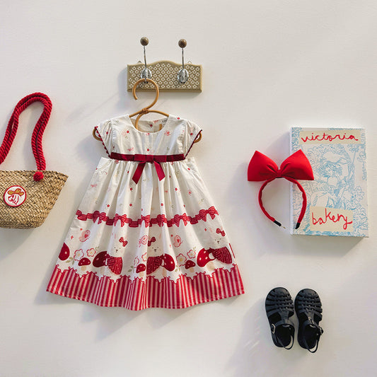 Mushroom Ribbon Print Dress リボン ノースリーブワンピース【mh0013657】