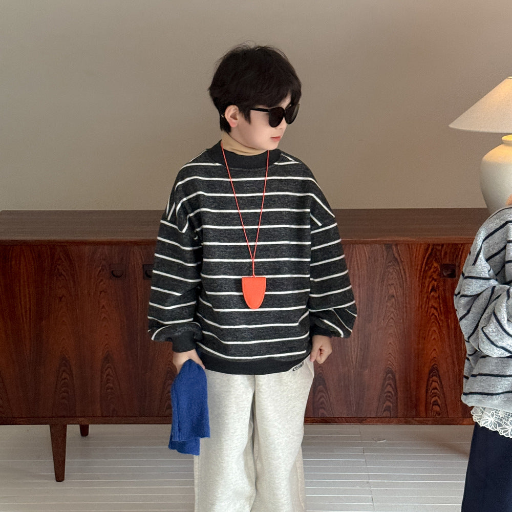 長袖スウェットシャツ キッズ ボーダー柄 裏起毛 厚手 クルーネック ルーズフィット【mh0011671】