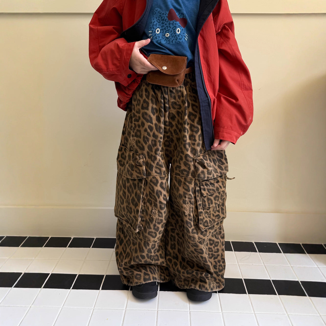 -レオパード柄ワイドパンツ ビッグポケット付きストレートロングパンツ【mh0010778】 - mamahalo shop - ロングパンツ・スウェットパンツ -  べビー服 - 子供服 - 男の子 - 女の子