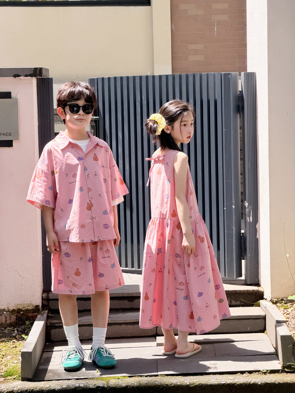 Pumpkin Mixed Vegetable Print Set Dress ベジタブル 半袖シャツ ハーフパンツ ノースリーブワンピース【mh0013527】