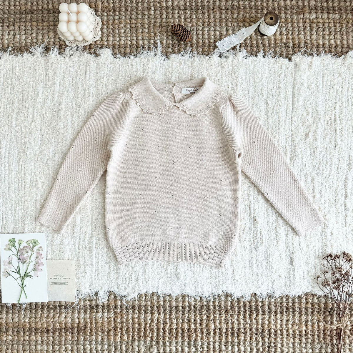 Jersey de punto para niños con cuello redondo, volantes, borde festoneado y calados [mh0014616]