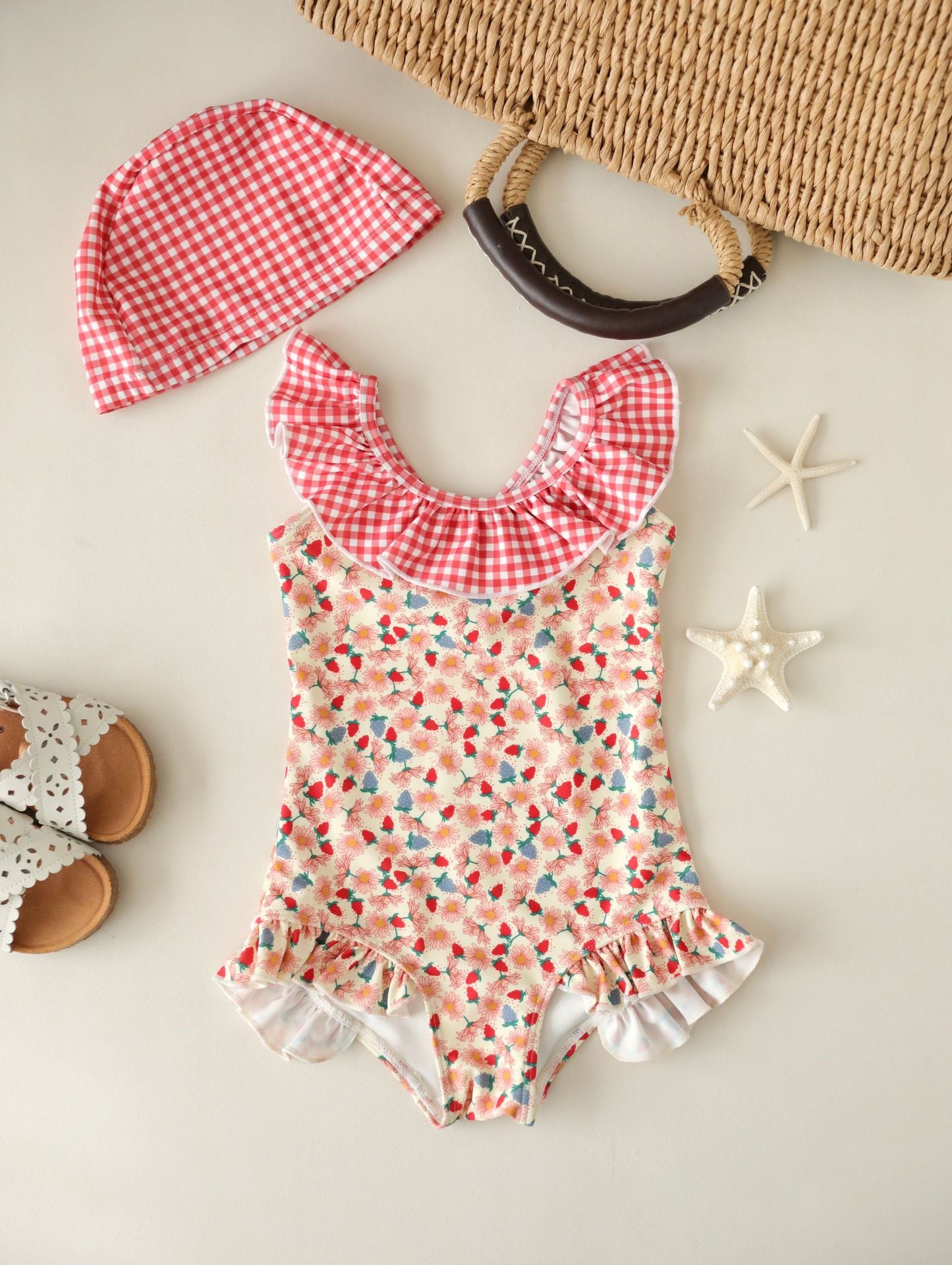 UPF50 Plus Floral Gingham Ruffled One-piece 花柄 ギンガムチェック 水着【mh0012599】