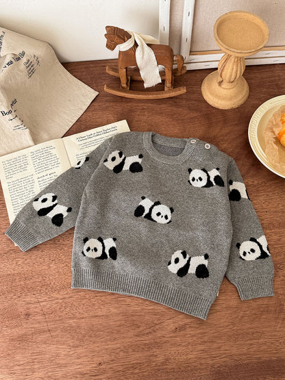 ニットセーター パンダ柄 厚手 クルーネック カジュアル トップス【mh0011691】