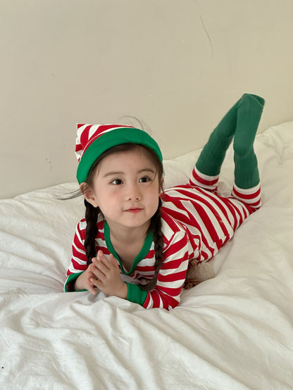 Kids' striped long-sleeve T-shirt, easy-fit long pants, and pom-pom motif cap: 3-piece set【mh0008100】