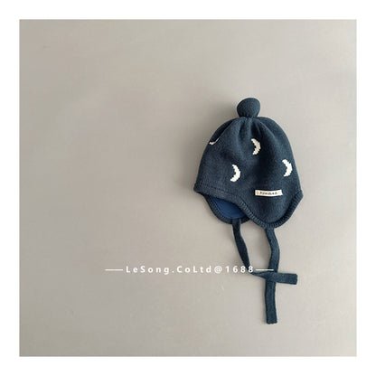 ベビー帽子 チェリー/ムーン月 ニット 耳当て付き ニットキャップ【mh0011829】
