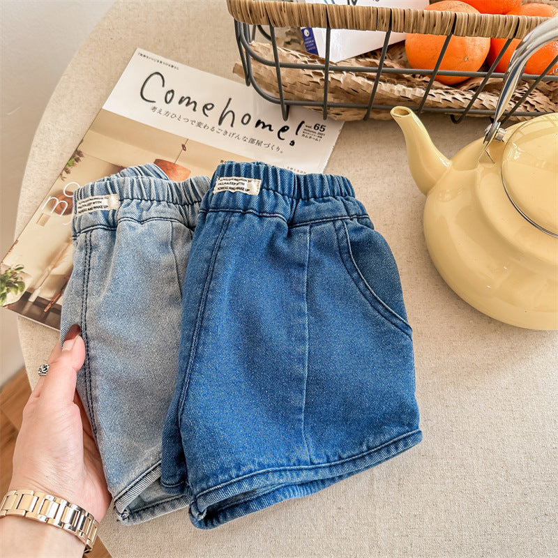 キッズ用ブルー系 デニムショートパンツ2点、ウエストゴムとフロントポケット