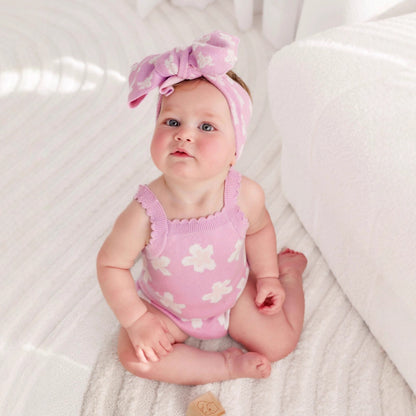 ノースリーブニットロンパース 花柄 ジャカードニット ボディスーツ ヘアバンド【mh0011857】