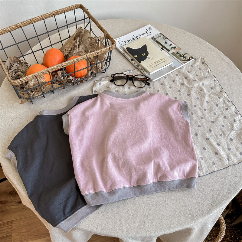 Kids' Alphabet Patchwork Applique Ringer Loose Short-Sleeved T-Shirt [mh0001820]