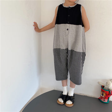 Striped Sleeveless Jumpsuit パッチワーク ノースリーブオールインワン【mh0013635】