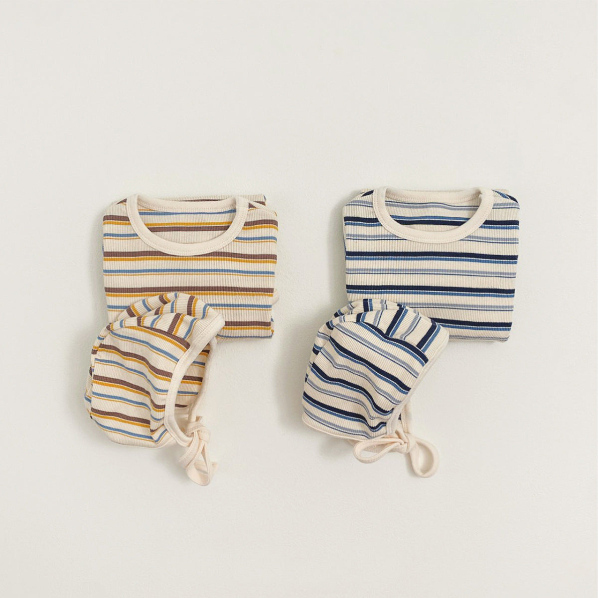 -カラフルボーダーロンパース ボンネット付き リブ編み コットンカバーオール 2点セット【mh0010891】 - mamahalo shop - 長袖ロンパース -  べビー服 - 子供服 - 男の子 - 女の子