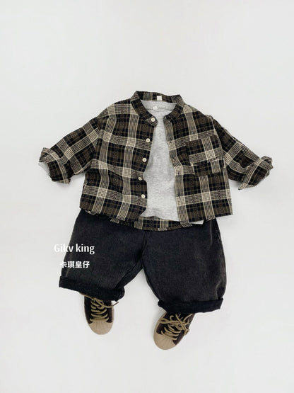 Vintage Plaid Long Sleeve Button Shirt キッズ チェック柄 シャツ【mh0012571】