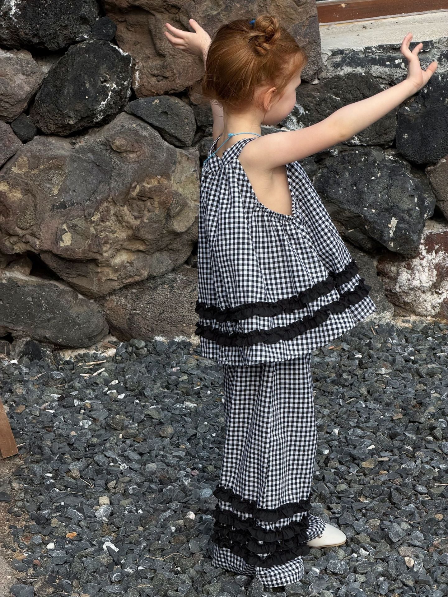 Sleeveless Casual Plaid Two-Piece Set ラッフル ノースリーブトップス ロングパンツ セット【mh0013412】