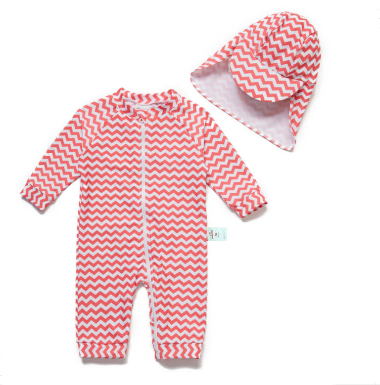 One-Piece Surf Wear With Matching Cap プリント 長袖水着 帽子セット【mh0013315】
