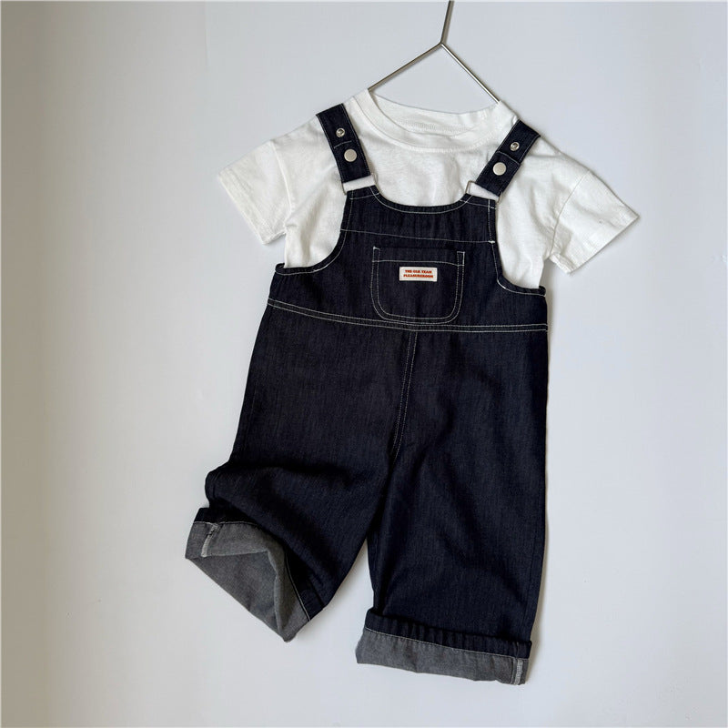 キッズ パッチ デニム ステッチ ロング サロペット【mh0013650】