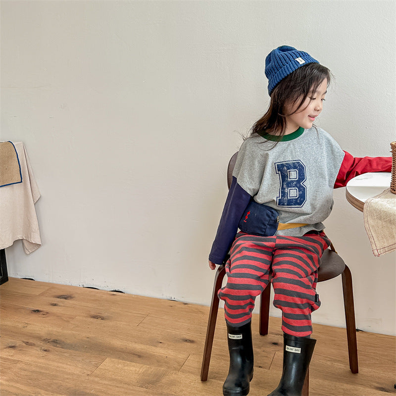 Kids Tops Long Sleeve T-Shirt Patchwork Letter Logo Print 2 Colors