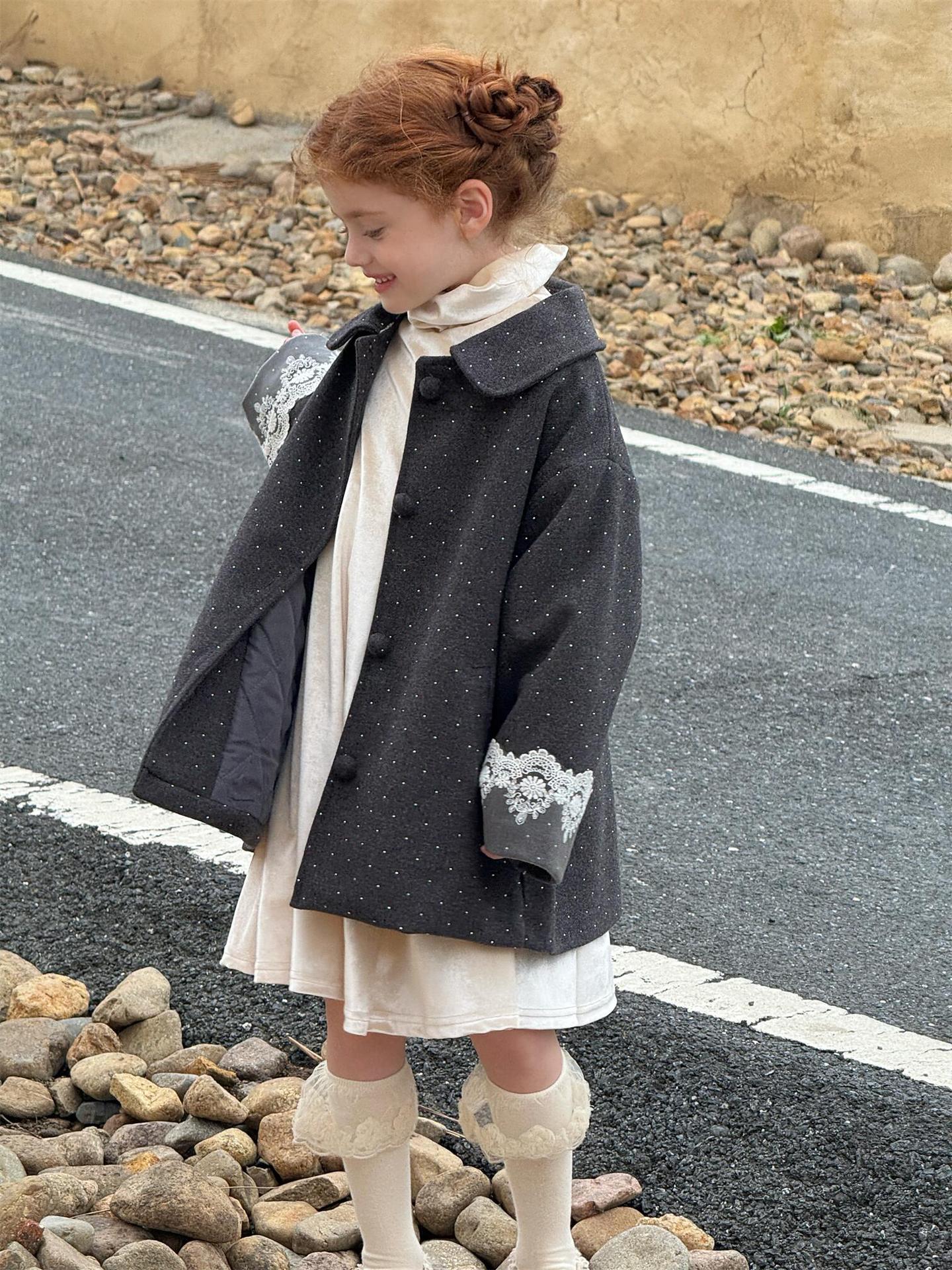 Wool coat with quilted lining, dull gray, and rhinestones [mh0011747]