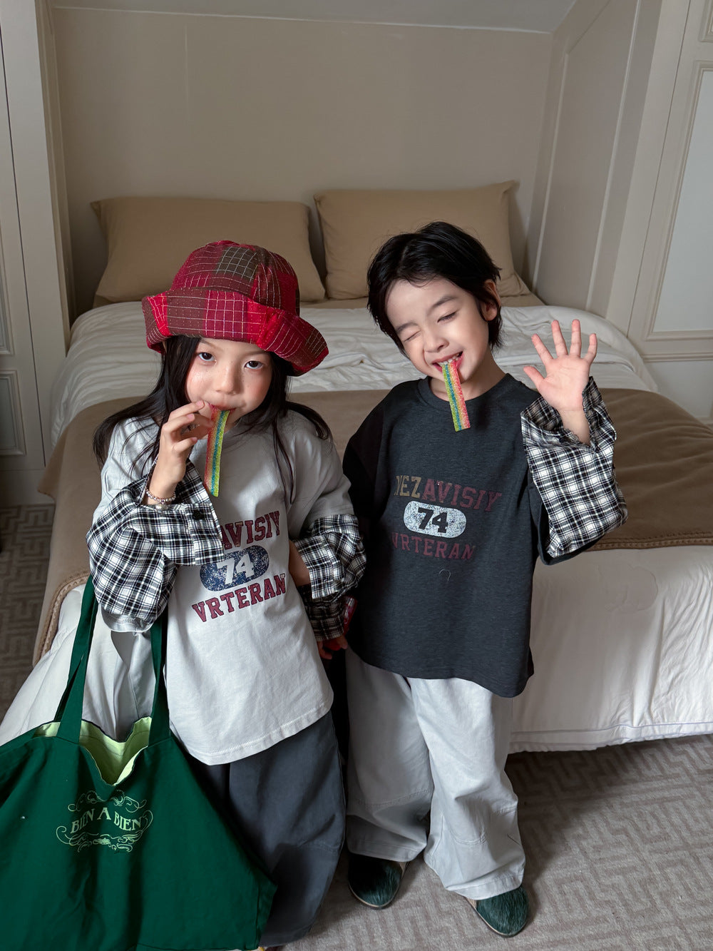キッズ ジュニア チェック柄 重ね着風 レイヤード 英字プリント ルーズ 長袖Tシャツ【mh0014384】