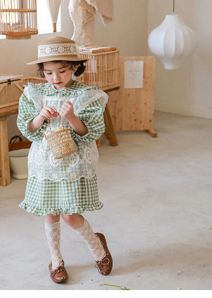 Puff Sleeve Plaid Flower Dress パフスリーブ チェック フラワー ワンピース【mh0001542】