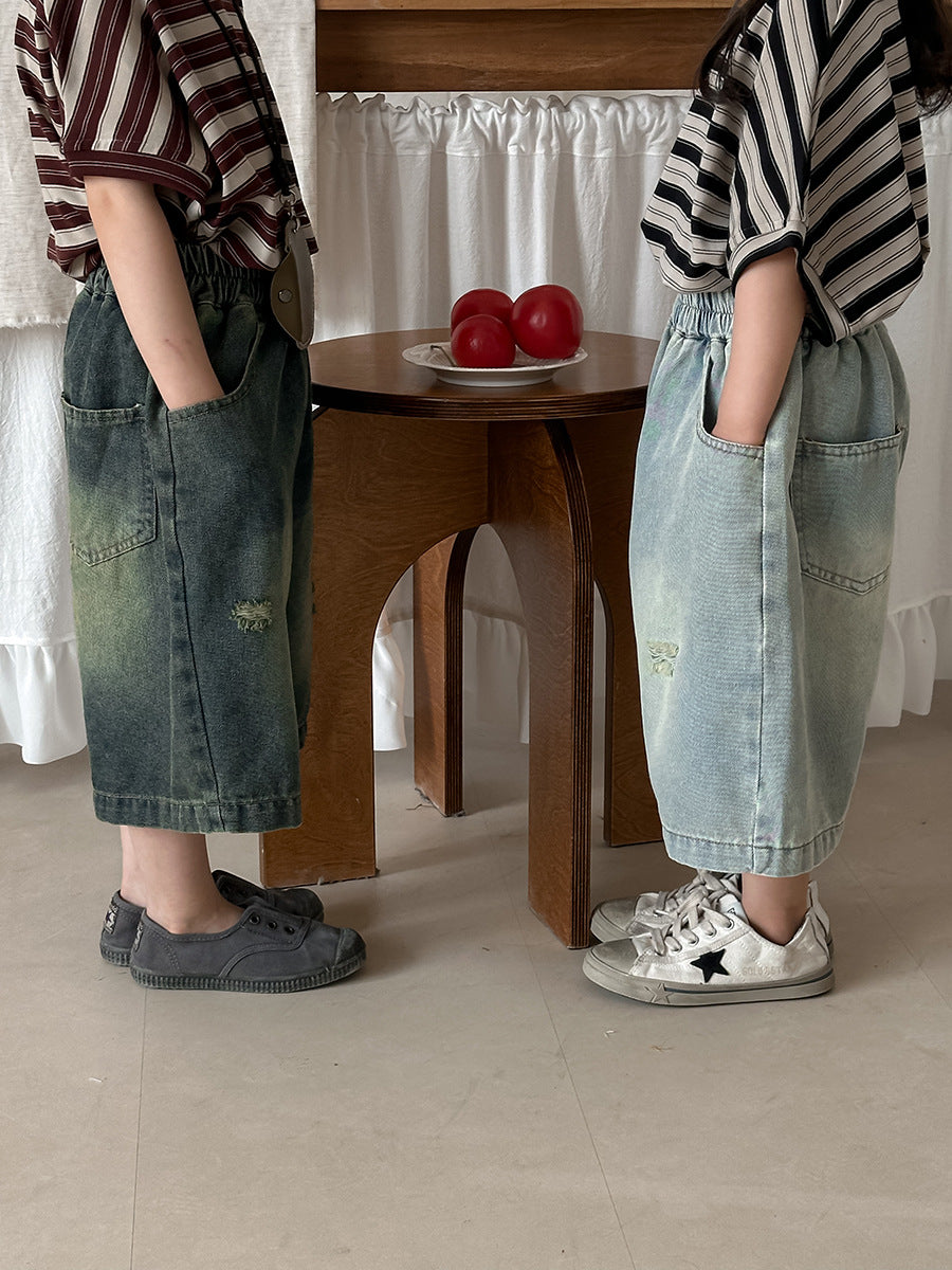 Vintage Distressed Wide Denim Capris ヴィンテージ ハーフデニムパンツ【mh0013462】