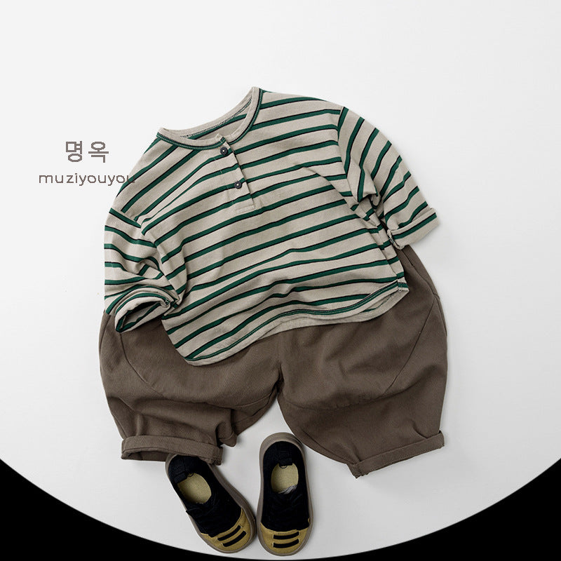 -ヘンリーネックボーダー長袖Tシャツ【mh0010862】 - mamahalo shop - 長袖Tシャツ -  べビー服 - 子供服 - 男の子 - 女の子