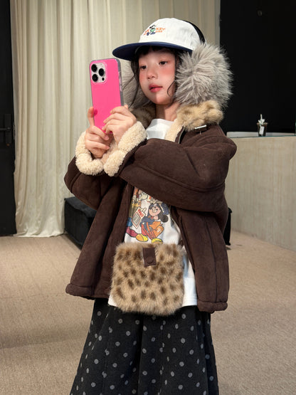 Chaqueta de antelina con cuello de pelo de leopardo y pantalones largos de lunares para niños y jóvenes 【mh0014693】