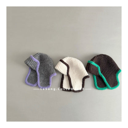 ジュニア ニット帽 バイカラーイピング 耳当て付き ビーニー 韓国風【mh0011594】