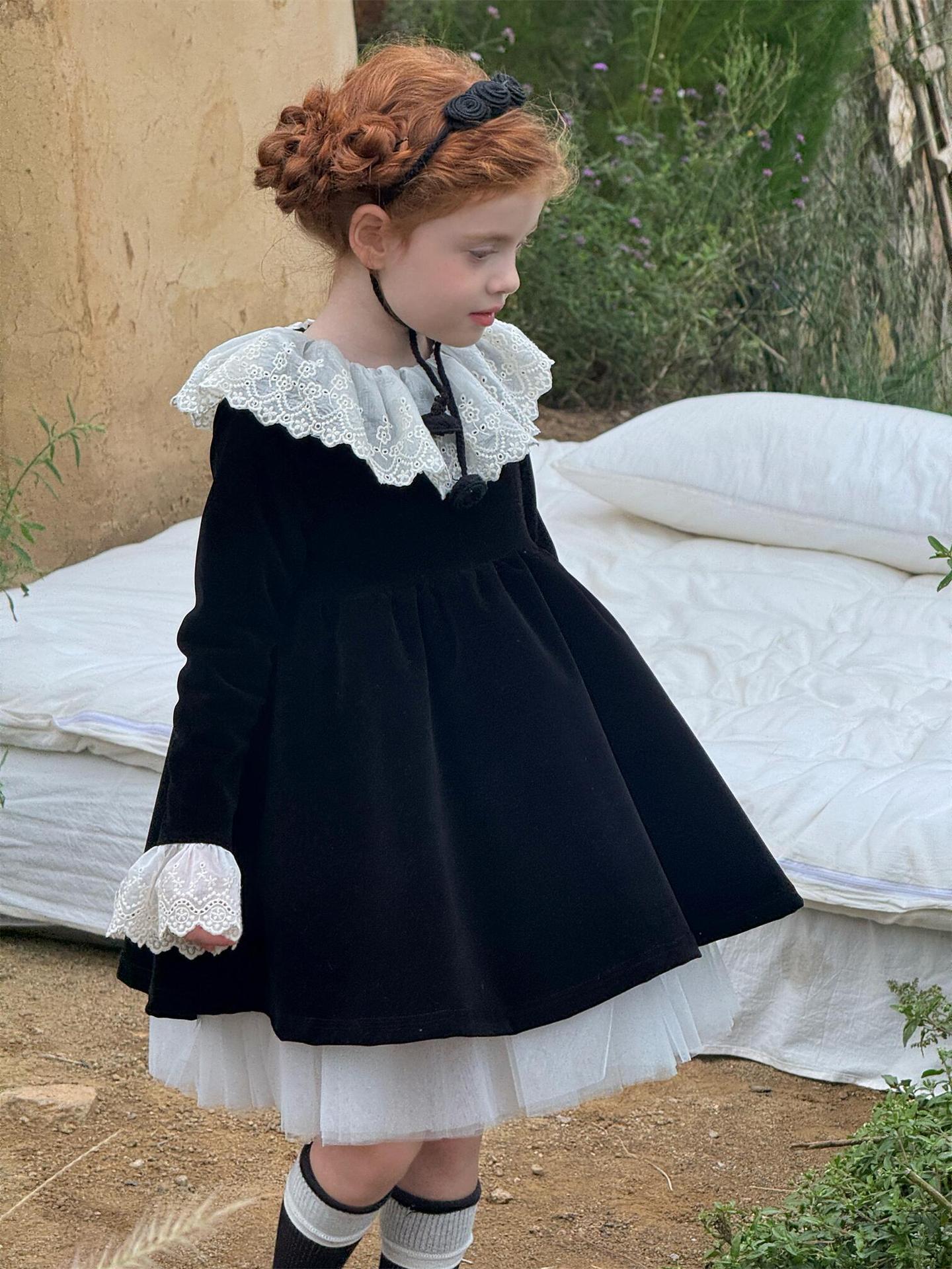 長袖ワンピース レースフリルカラー パーティドレス【mh0011762】