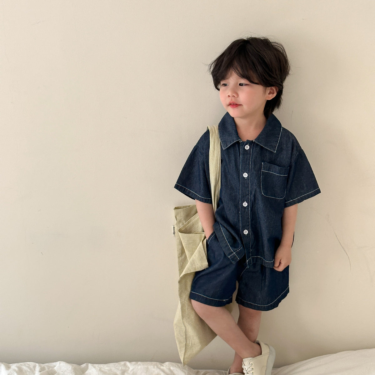 キッズ用デニム半袖シャツ＆ショートパンツセット