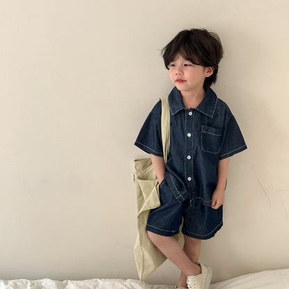 キッズ用デニム半袖シャツ＆ショートパンツセット