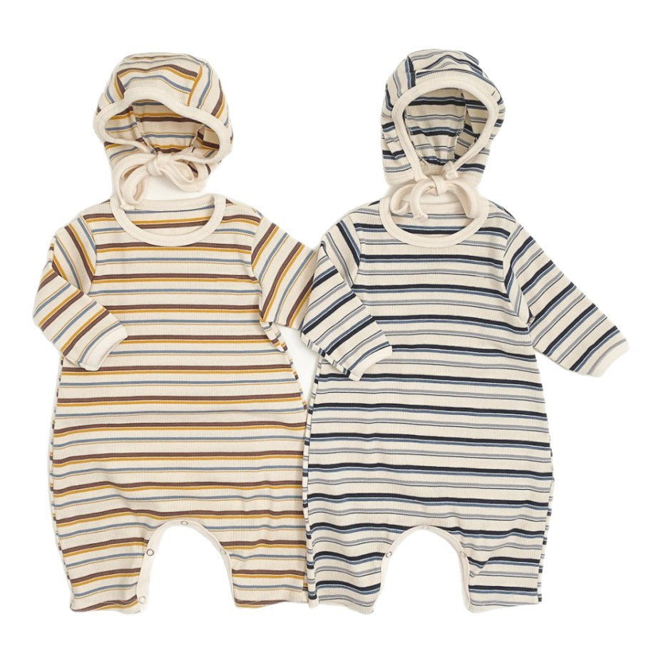 -カラフルボーダーロンパース ボンネット付き リブ編み コットンカバーオール 2点セット【mh0010891】 - mamahalo shop - 長袖ロンパース -  べビー服 - 子供服 - 男の子 - 女の子