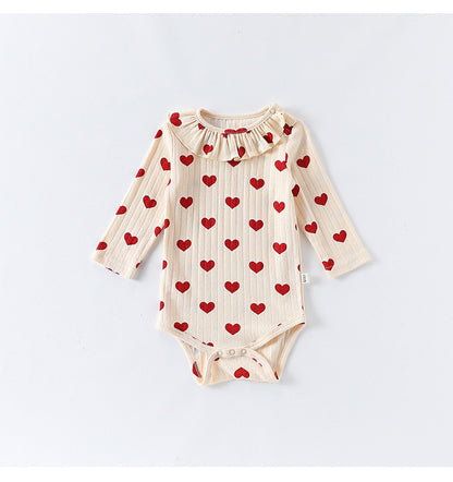 -ハート/リボンプリントラッフル襟長袖ロンパース【mh0010735】 - mamahalo shop - 長袖ロンパース -  べビー服 - 子供服 - 男の子 - 女の子