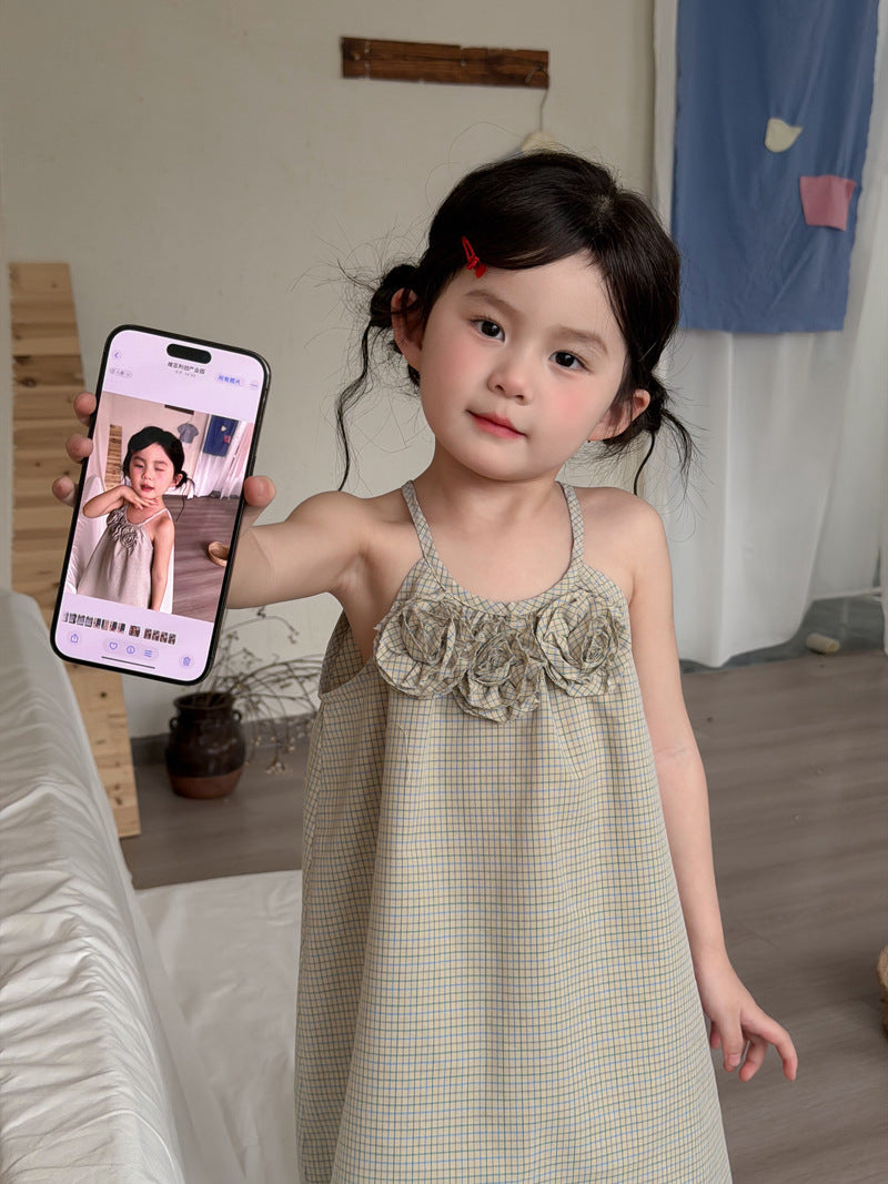 3D Flower Plaid Dress チェック キャミワンピース【mh0013116】