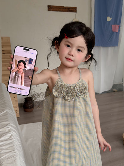 3D Flower Plaid Dress チェック キャミワンピース【mh0013116】