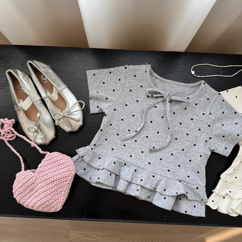 Polka Dot Tiered Ruffle T-Shirt ドット柄 半袖Tシャツ【mh0013118】