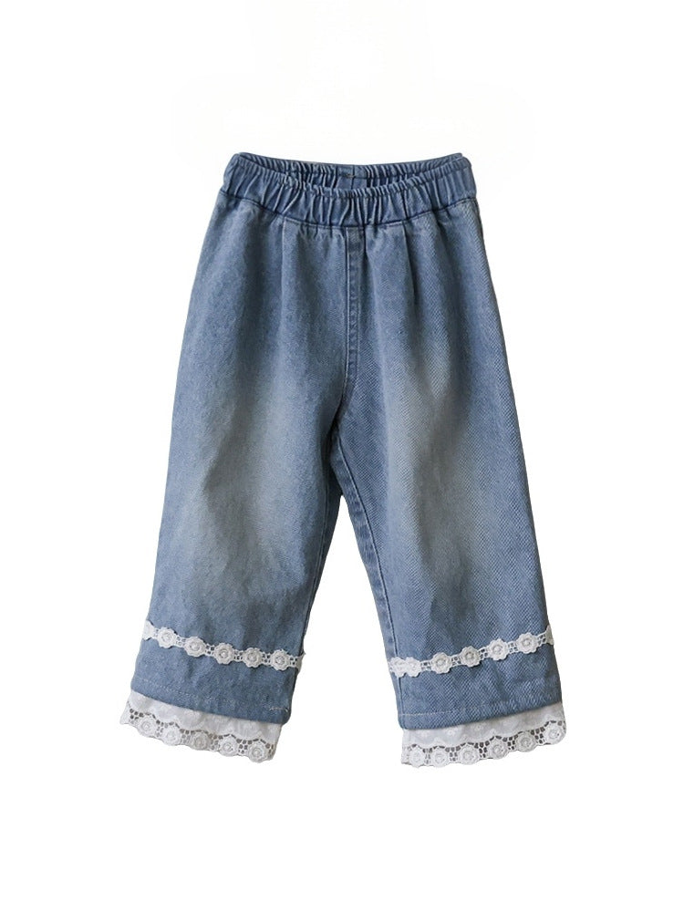 キッズ ジュニア 花柄 レース フリル デニム バギー ワイド ロングパンツ【mh0014796】