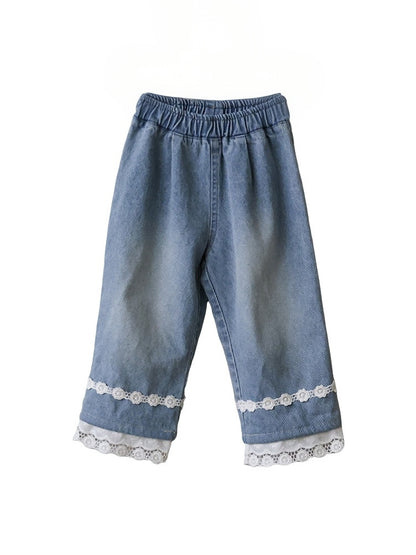 キッズ ジュニア 花柄 レース フリル デニム バギー ワイド ロングパンツ【mh0014796】